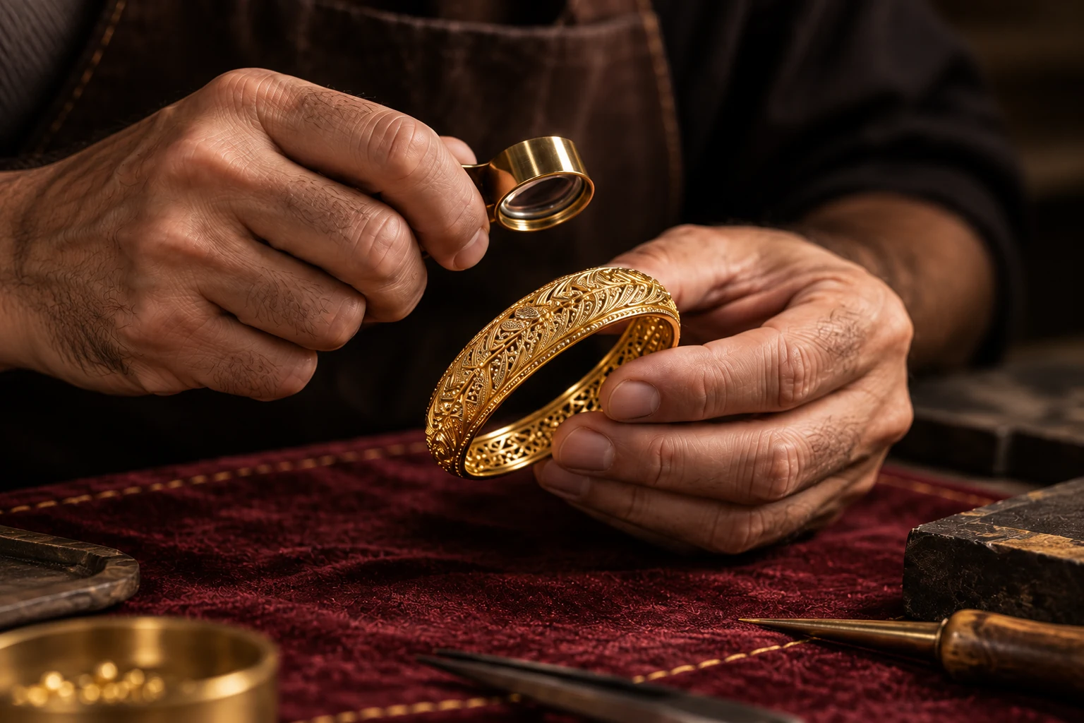 Editorial illustration of a jeweller examining a gold bangle