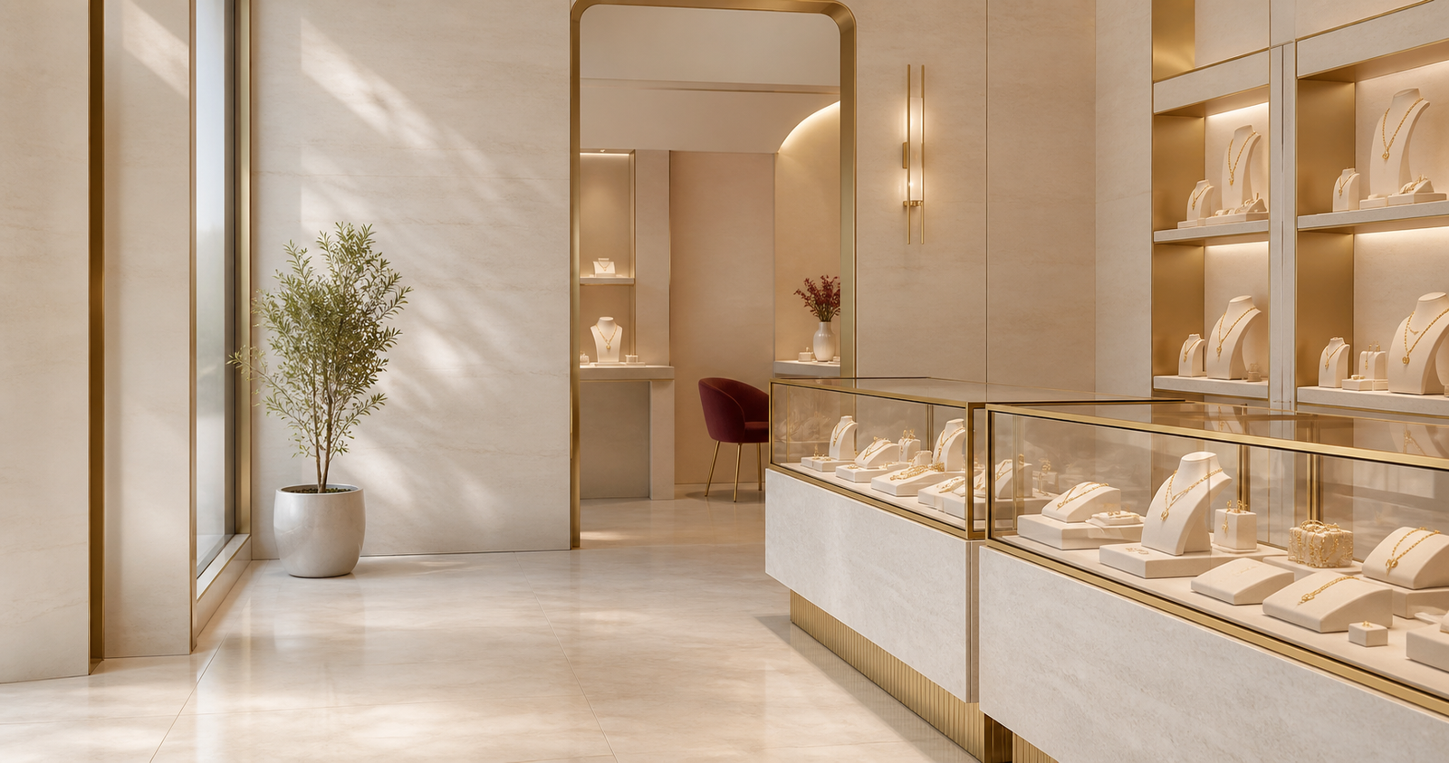 Warm contemporary jewellery showroom interior